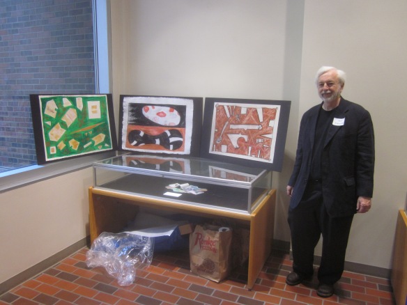 John Campbell with three Dickinson drawings, Cincinnati Public Library, June 22, 2014 copyright John Campbell